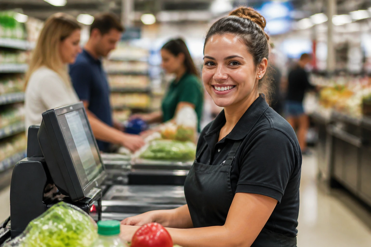Cashier in uniform at a checkout with blurred grocery shelves in the background.