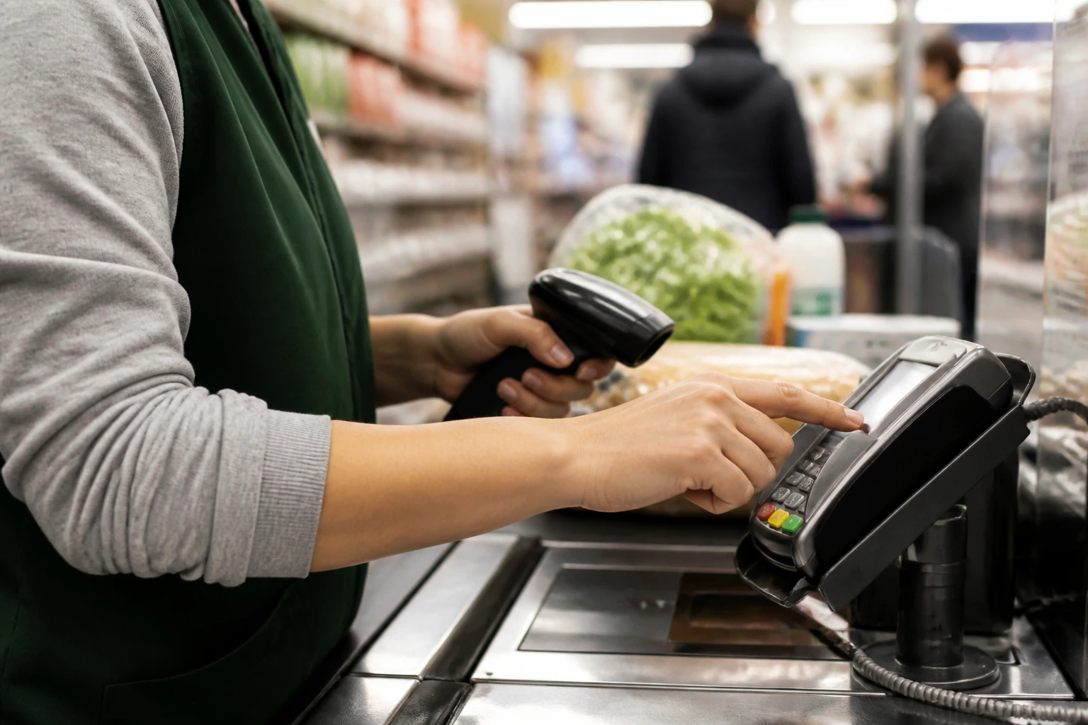 Close-up of a UK supermarket cashier's hands at a payment terminal during a busy shift