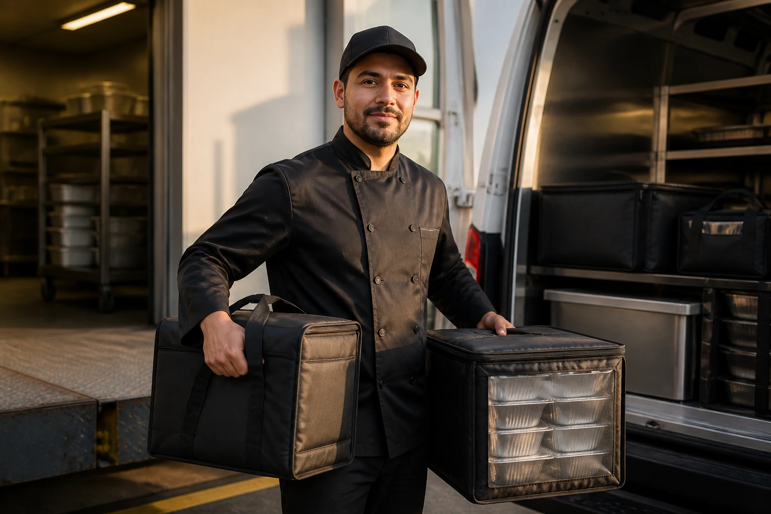 Catering delivery driver in uniform with insulated carriers at a loading dock