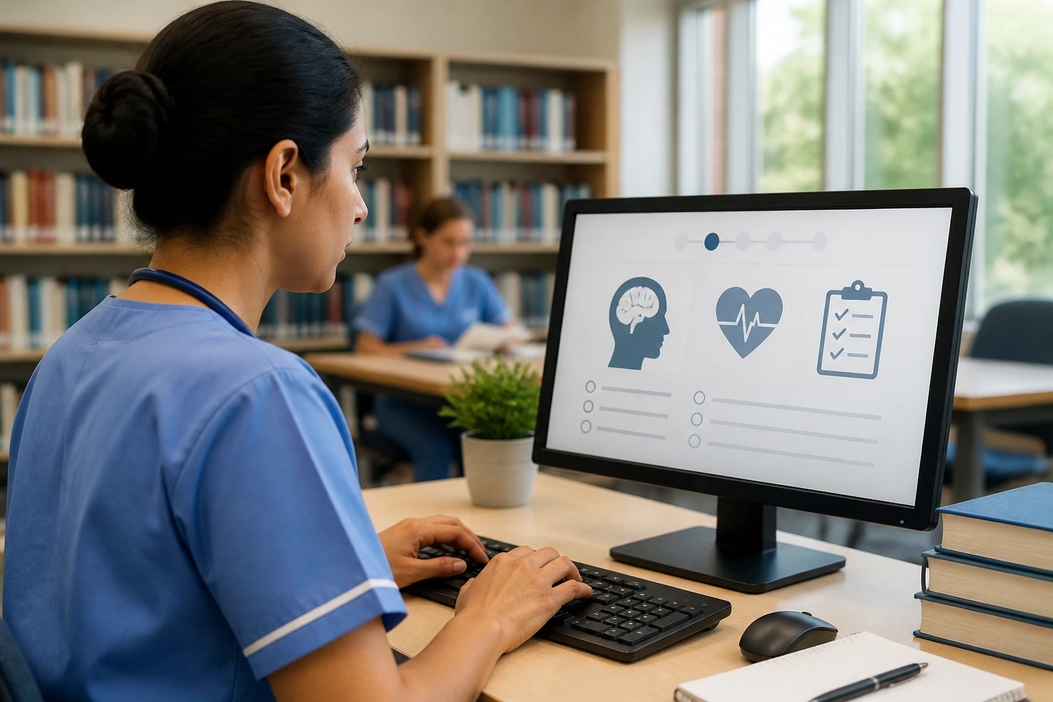 Nurse taking a CBT online test at a desk