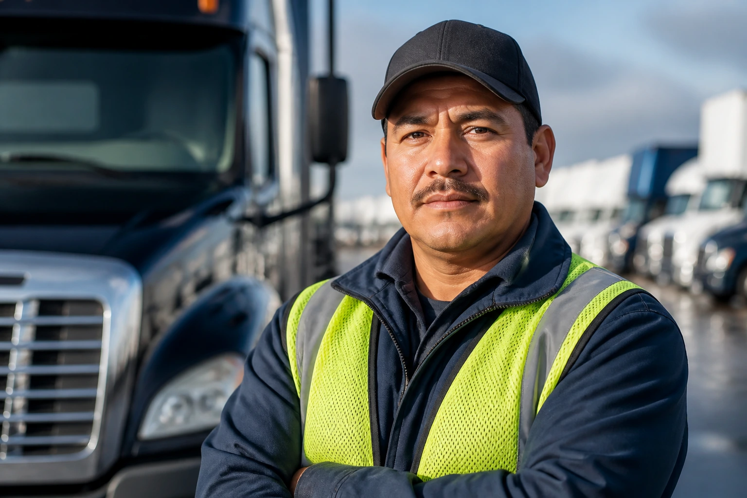 Portrait of a truck driver with safety vest, CDL requirements context