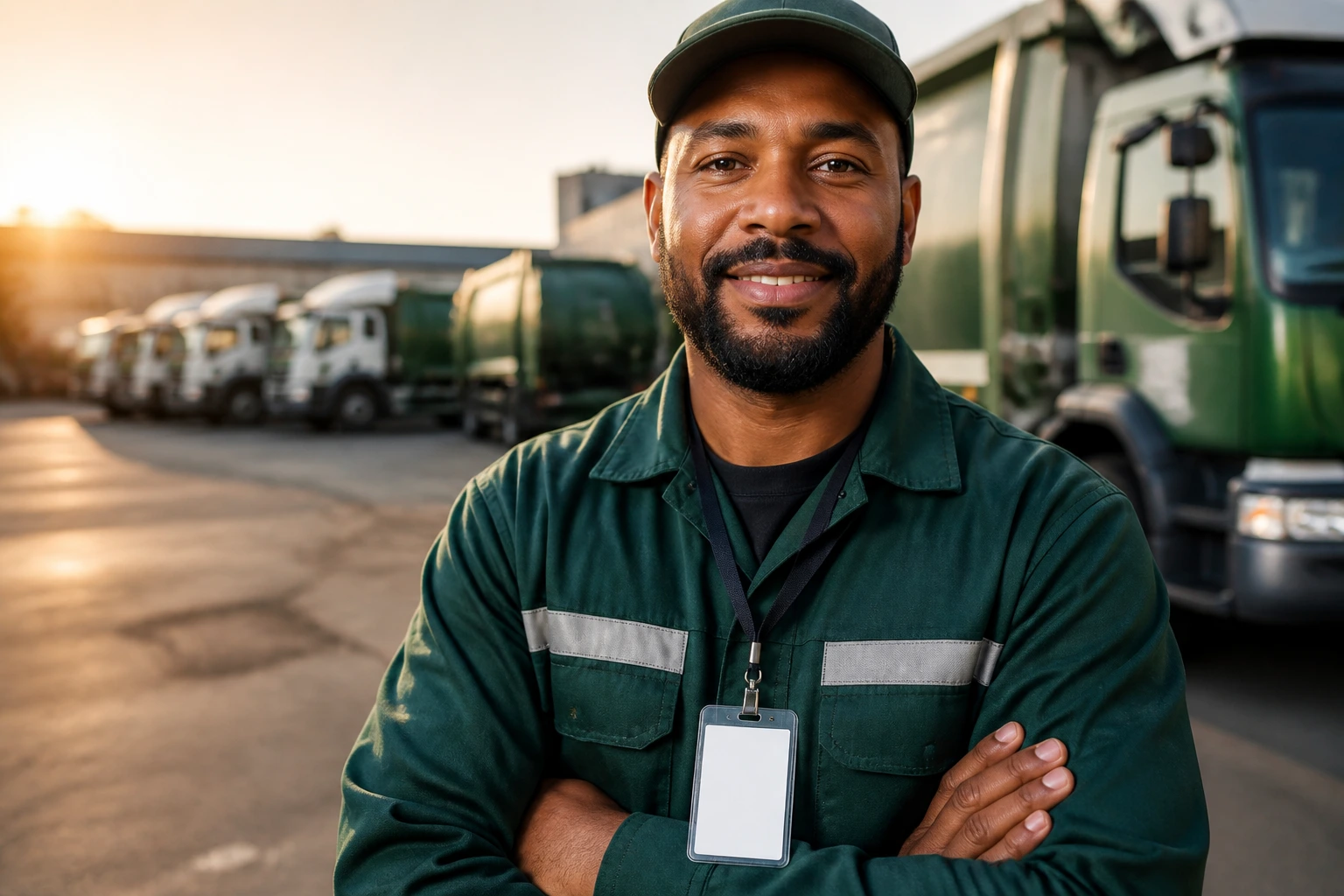 Sanitation worker wearing plain badge in yard