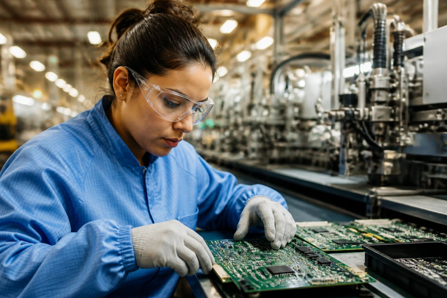 Manufacturing technician handling a PCB on a Celestica factory floor