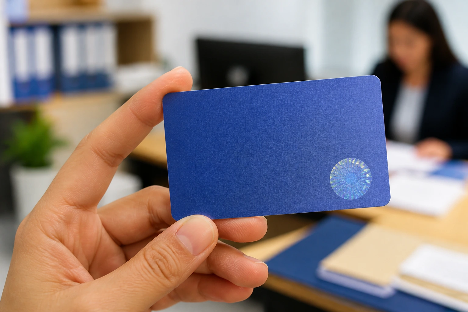 Hand holding a blue certificate card with a seal, symbolizing sponsorship paperwork