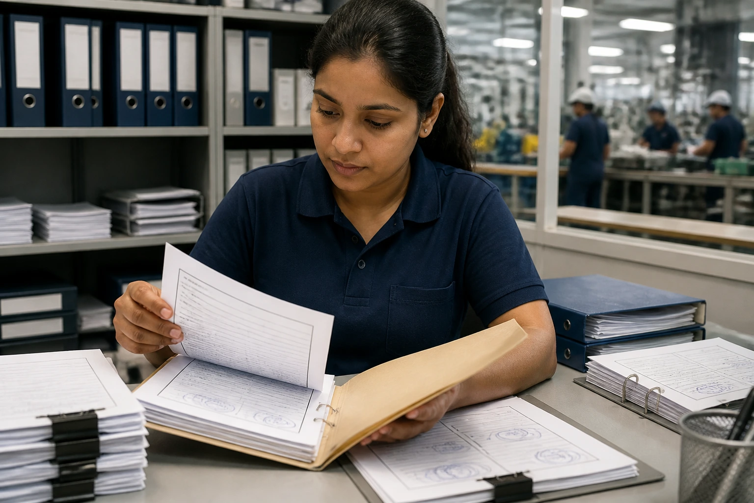 Person organizing COS-related documents at HR desk in factory