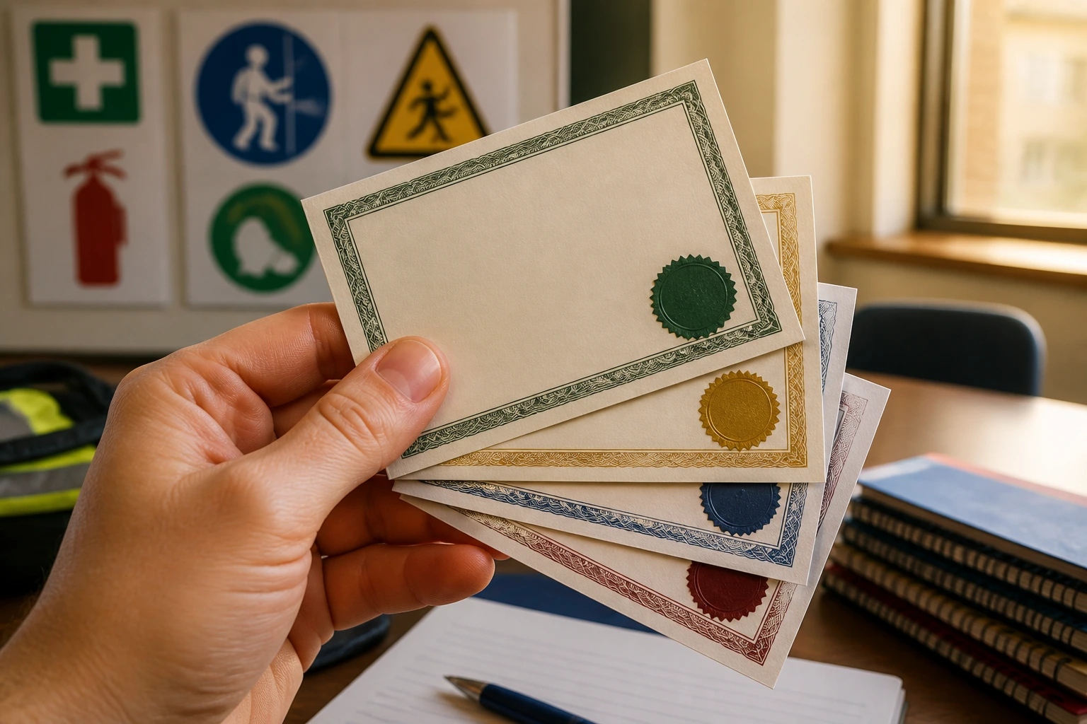 Close-up of blank certificate cards held in a hand in a training-room setting