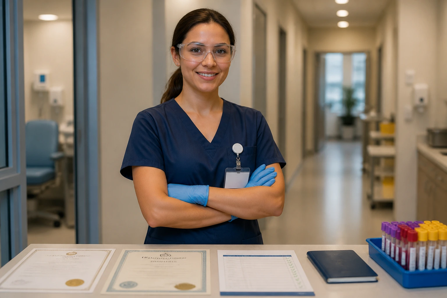 Phlebotomist in clinic wearing ID badge and PPE