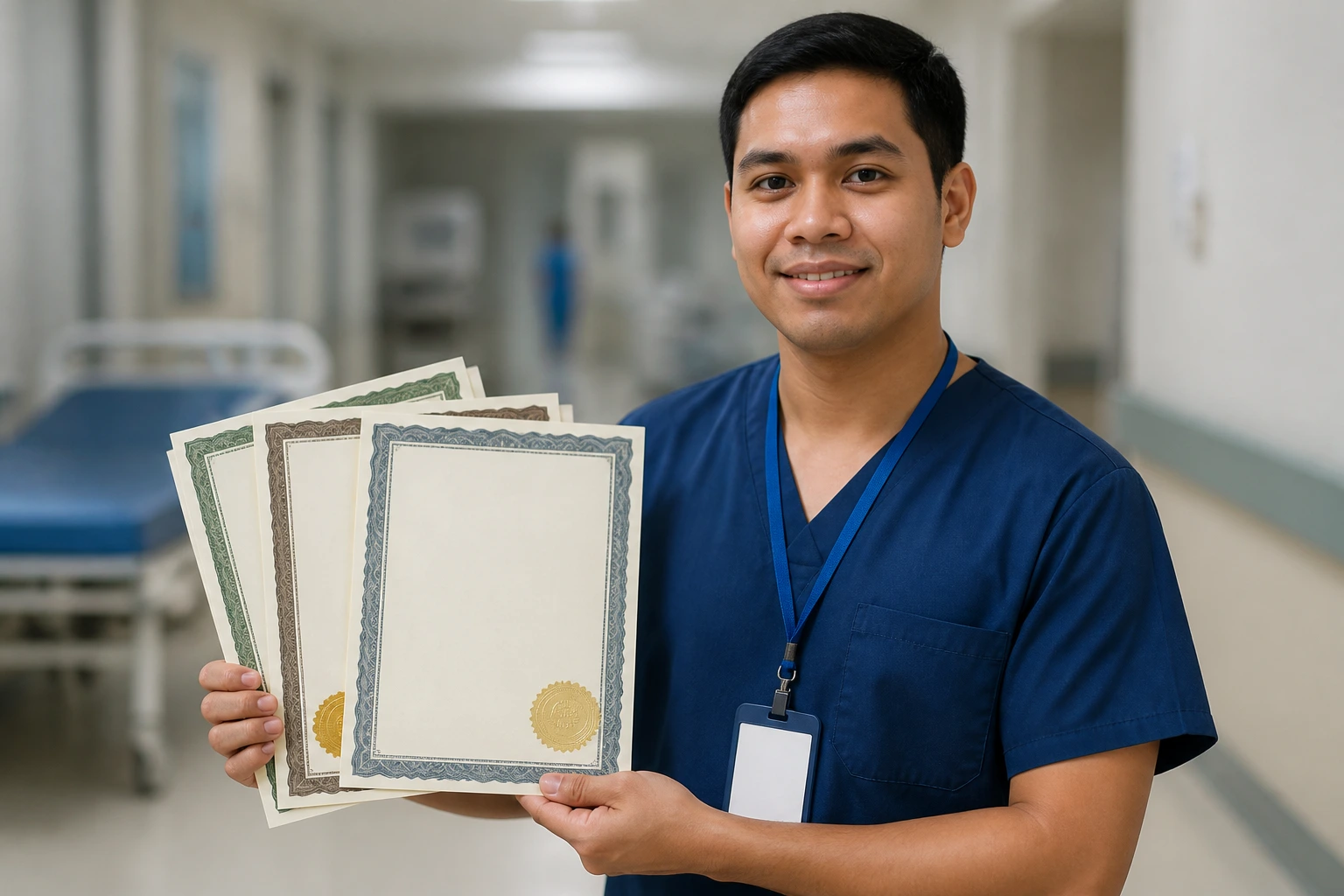 Orderly in hospital corridor wearing a training badge highlighting certifications