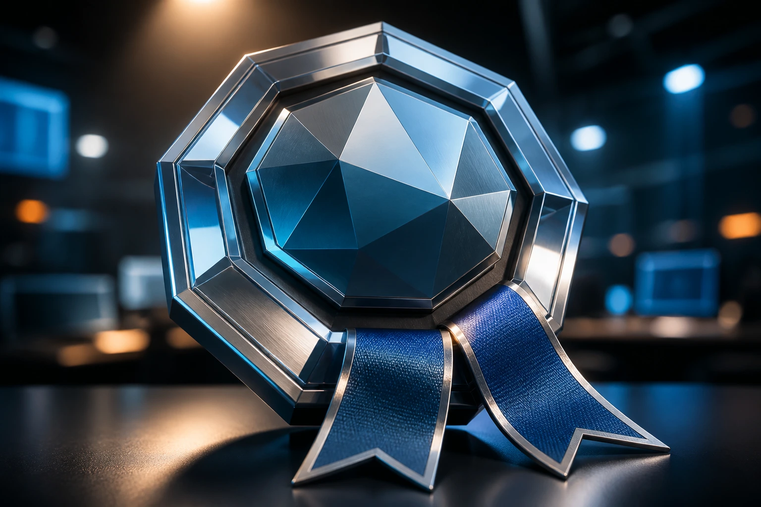Close-up of an abstract certification badge on a dark background
