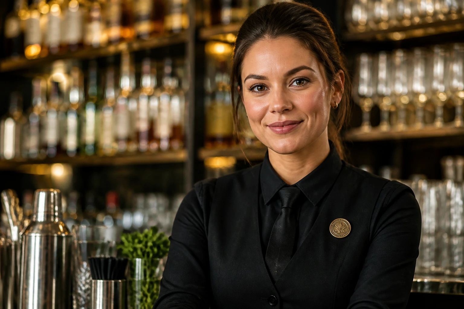 Real bartender with certification pin in a warm bar setting