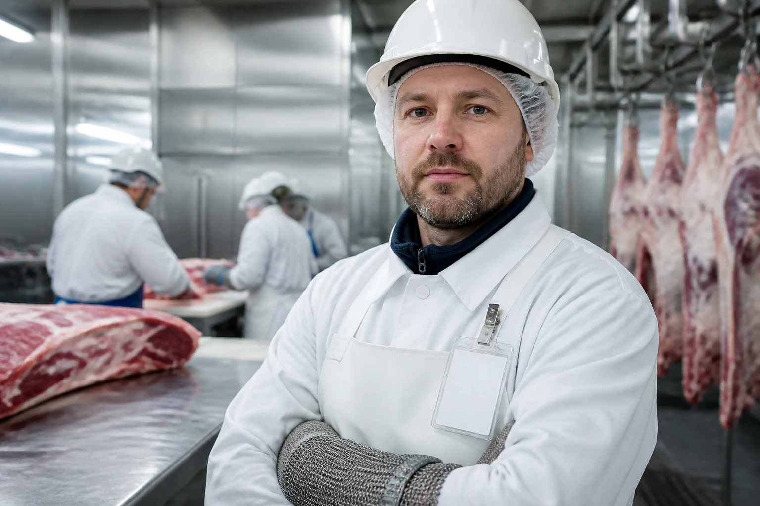 Meat processing worker in safety gear with ID badge in a clean facility