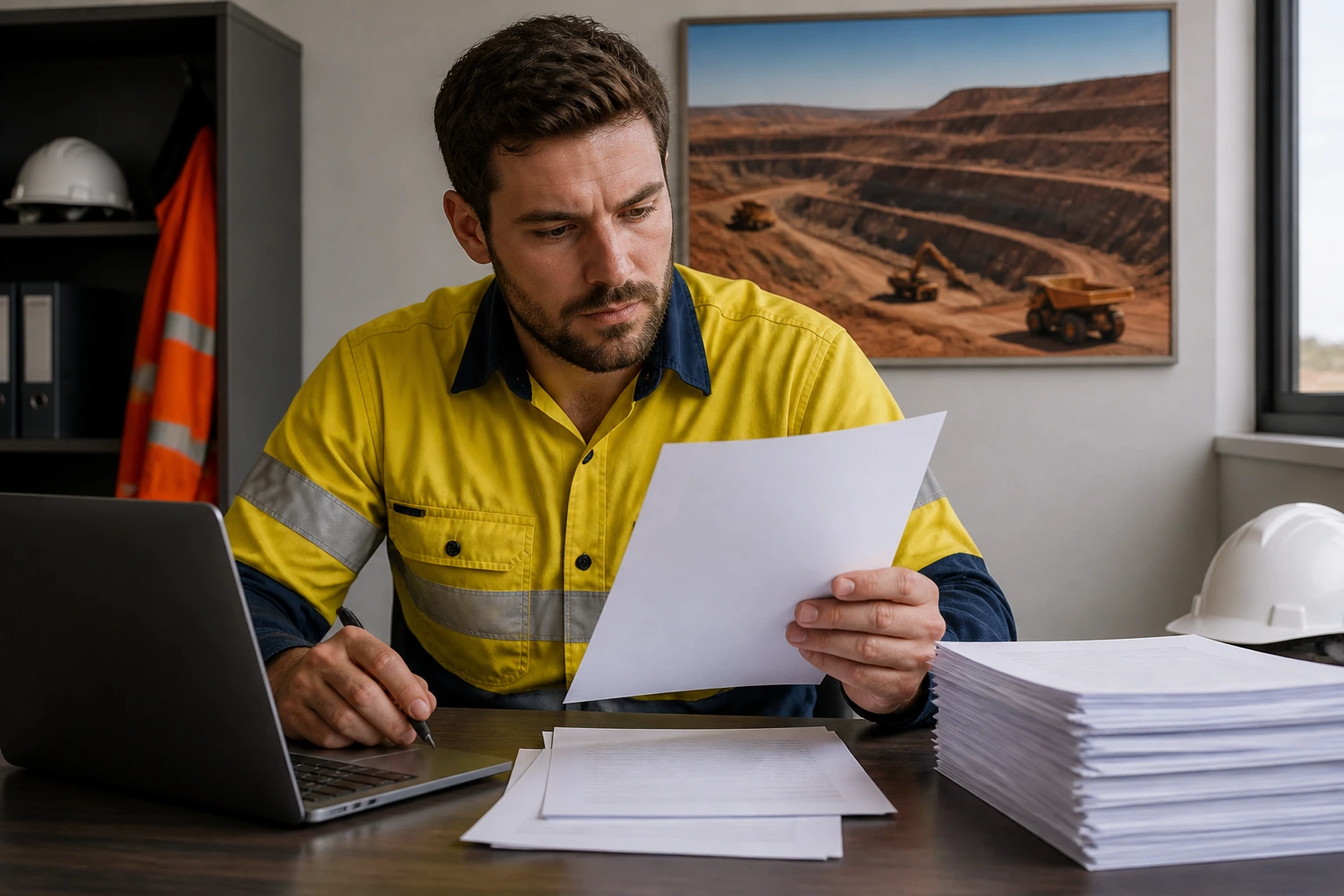 Worker reviewing blank forms at desk with laptop