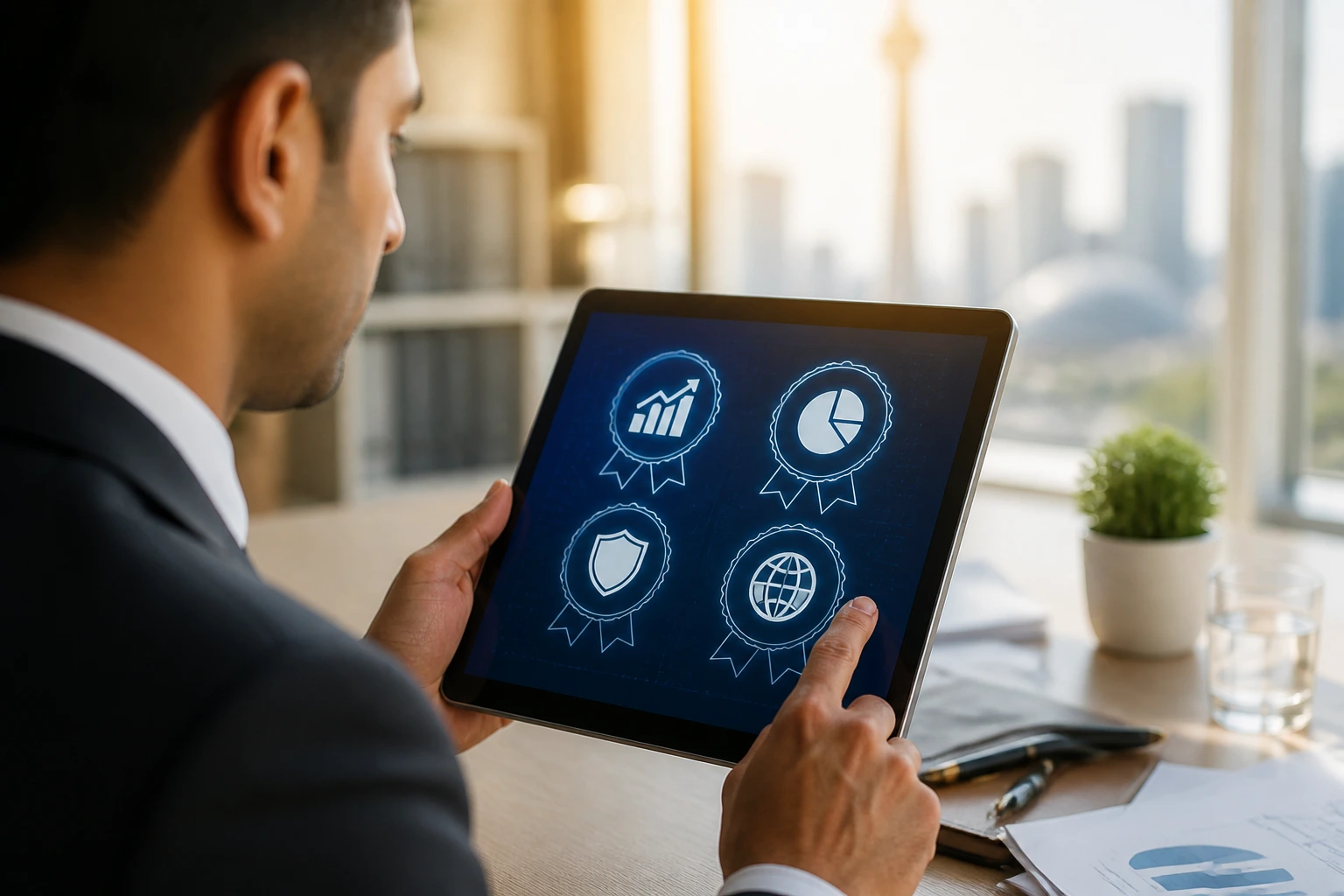 Professional examining tablet with abstract certification icons in a bright office