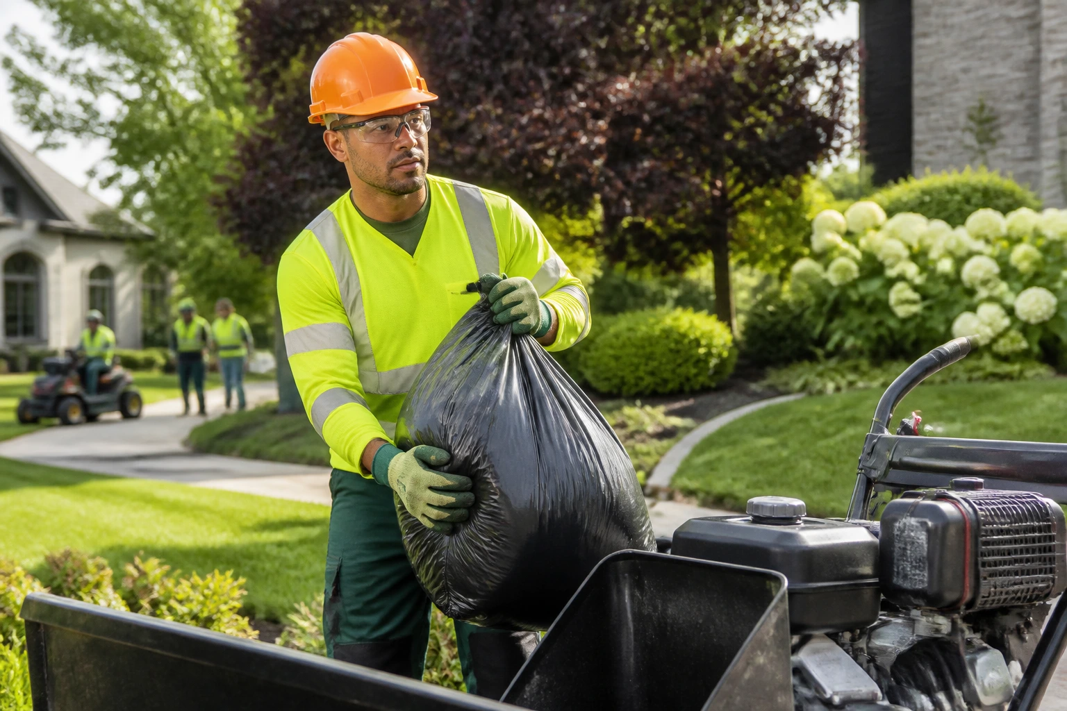 Groundskeeper in safety gear performing a physical task on a yard