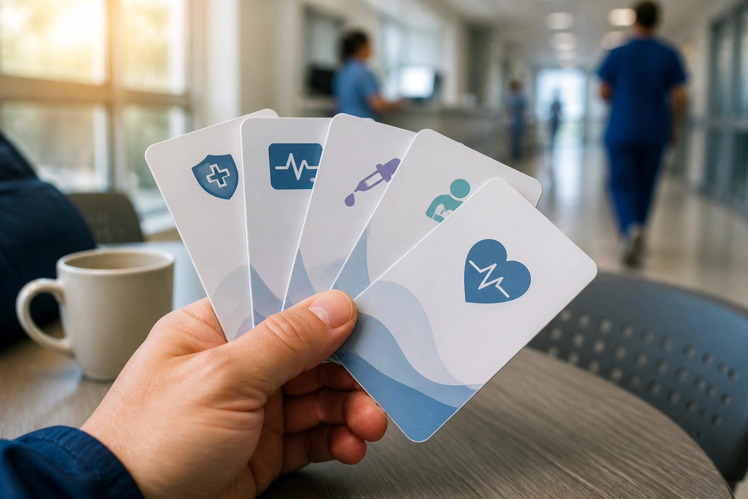 Close-up of a hand holding blank credential cards symbolizing certifications for hospital employment, in a blurred break room.