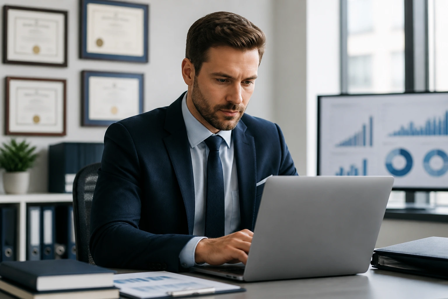 Professional in an office reviewing certifications with laptop.