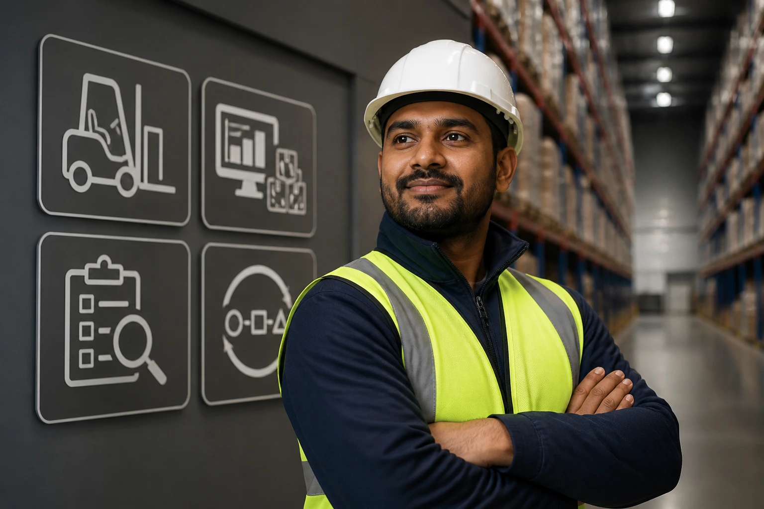 Worker in PPE surrounded by skill-icons illustrating advanced warehouse capabilities