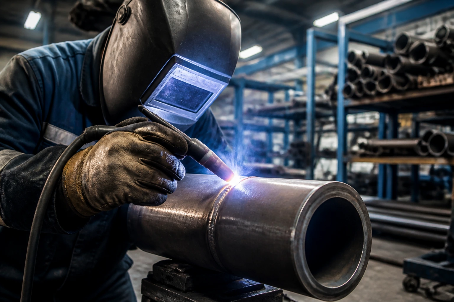 Close-up of welder's hands welding a pipe in a workshop