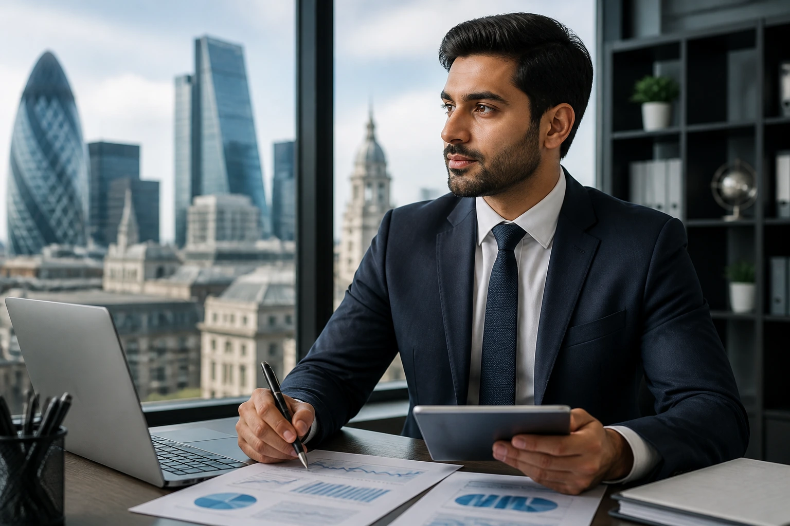 Portrait of a London finance professional highlighting credential awareness