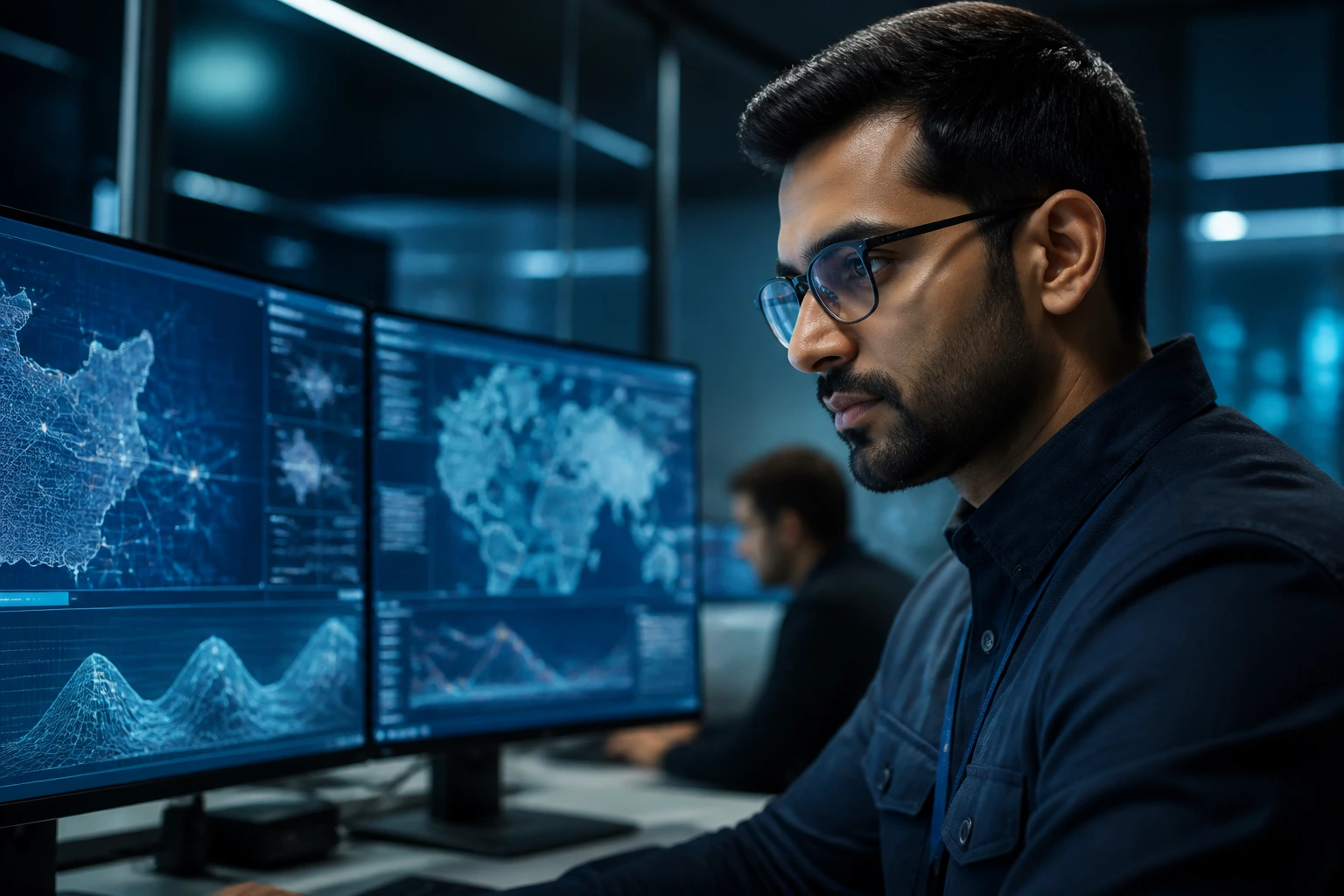 Close-up of a CGI engineer in a high-security government contracting office