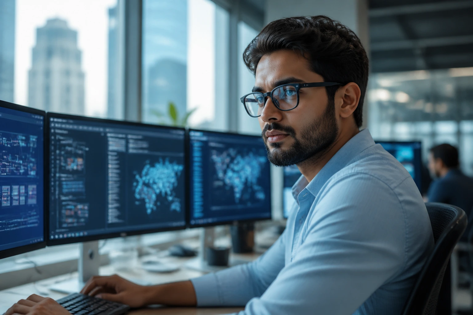 Portrait of a real IT consultant at a CGI-style workstation in a modern office