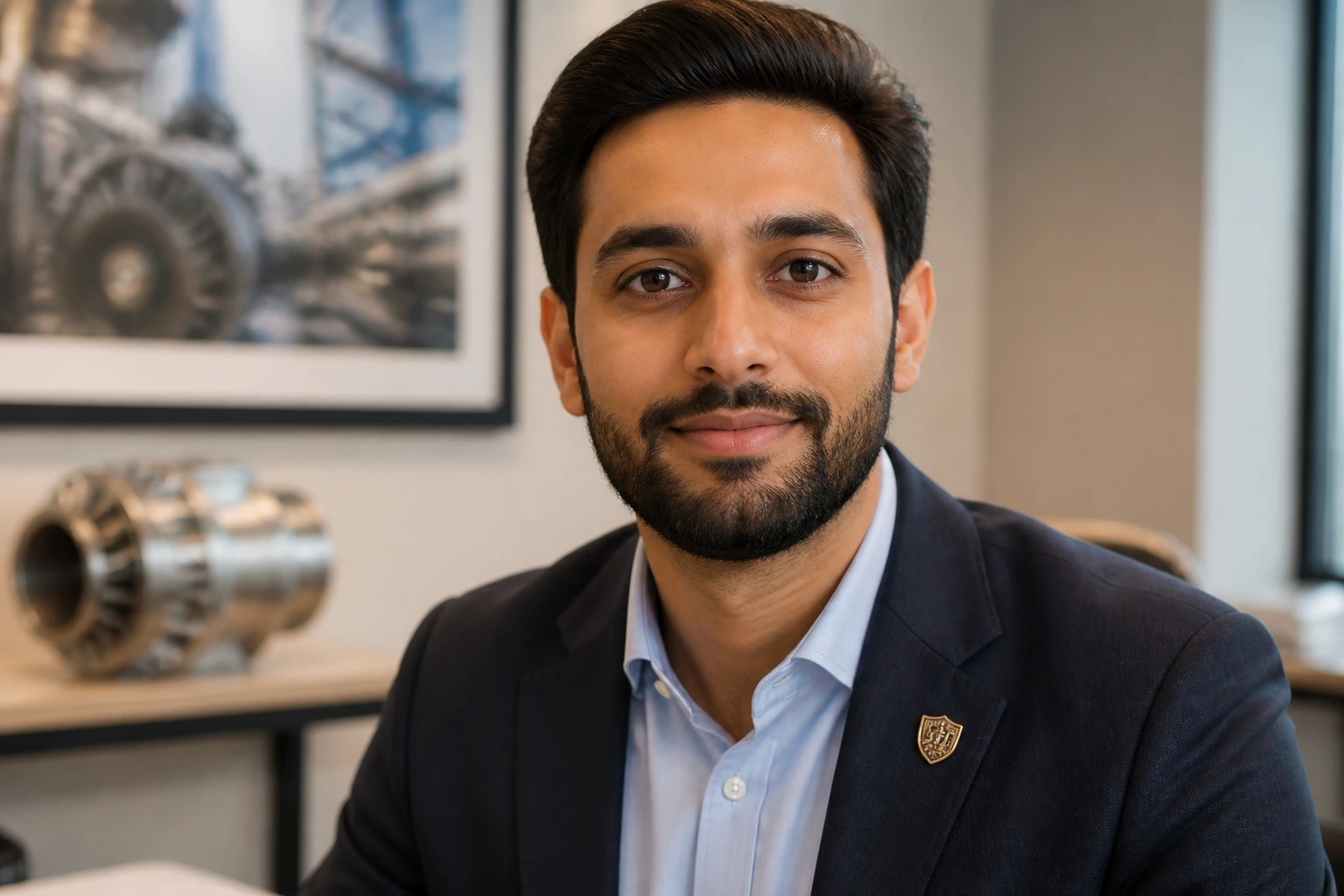 Professional portrait with crest pin symbolizing chartership