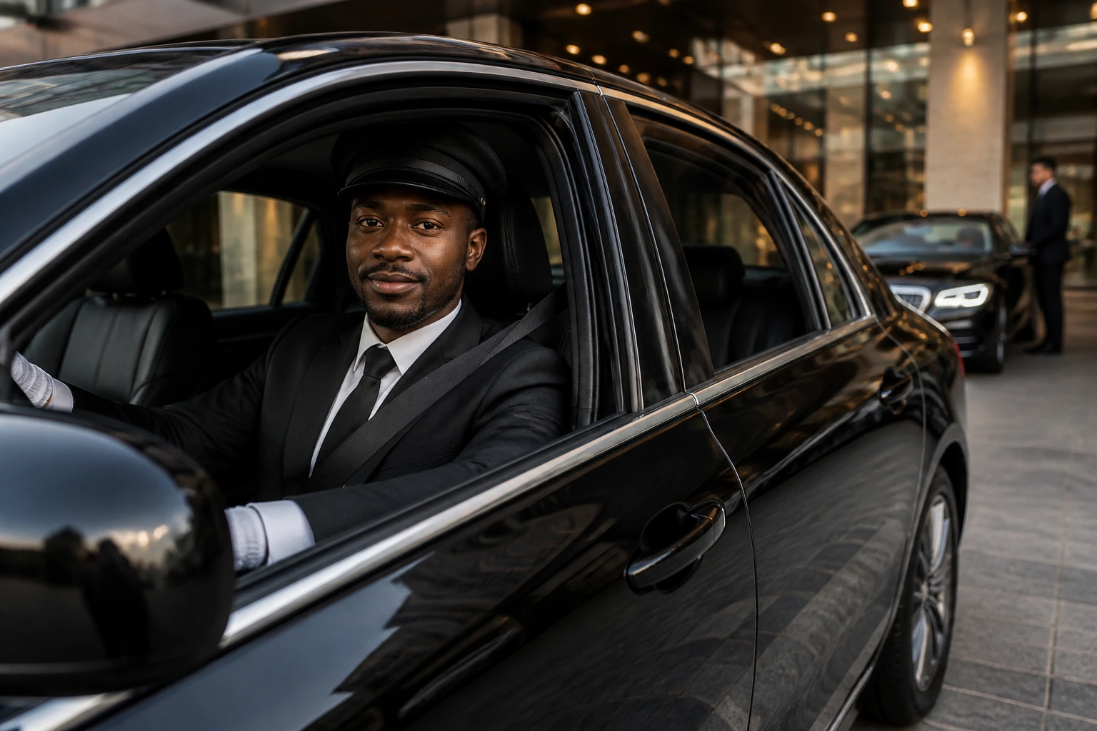 Professional chauffeur in a black car, representing employee-driver roles in chauffeur fleets.