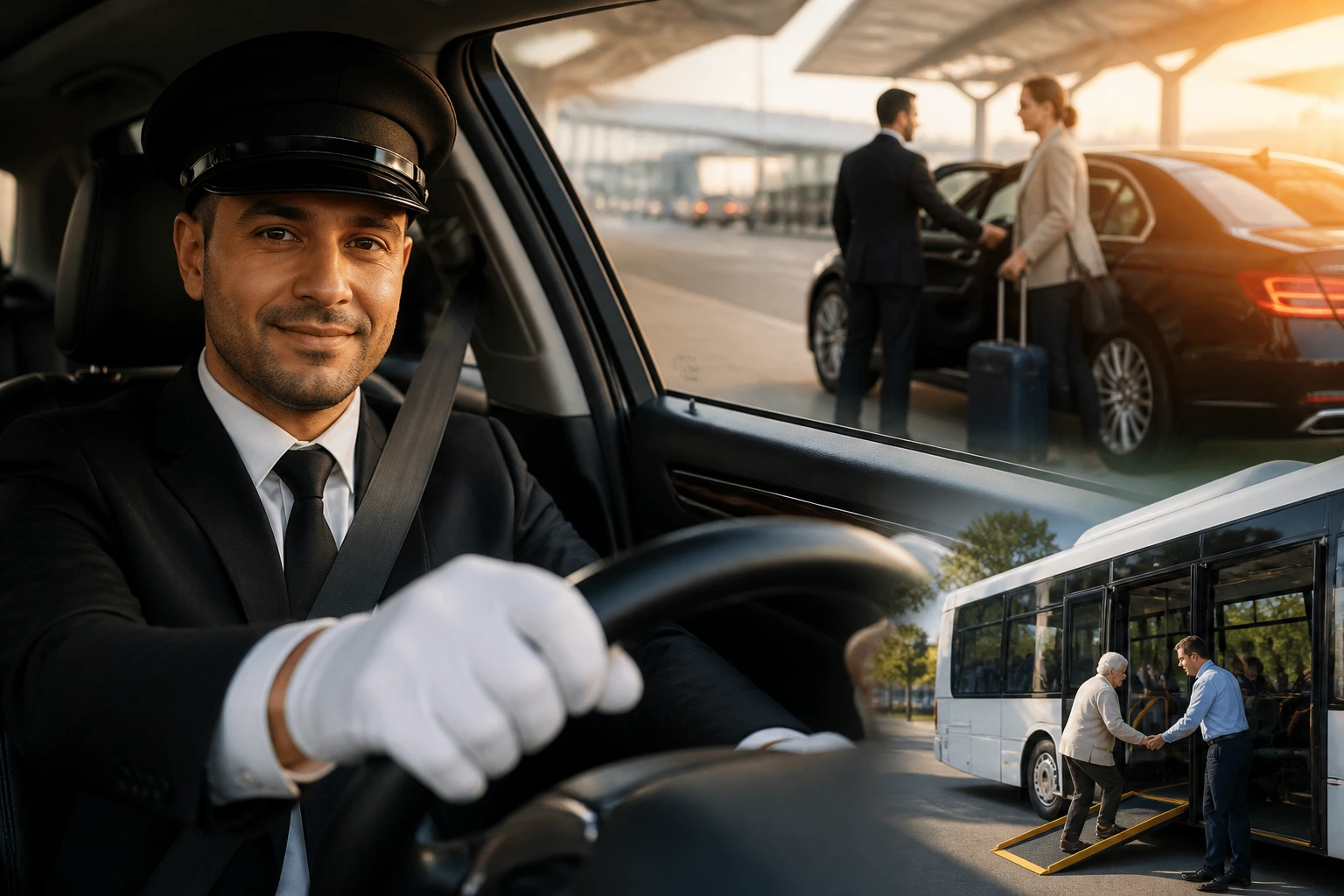 Professional chauffeur in uniform seated in luxury car with city backdrop