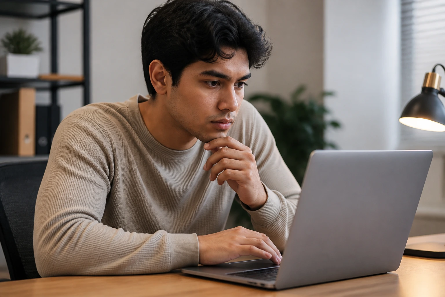 Job applicant checking sponsorship eligibility at a desk in a professional setting
