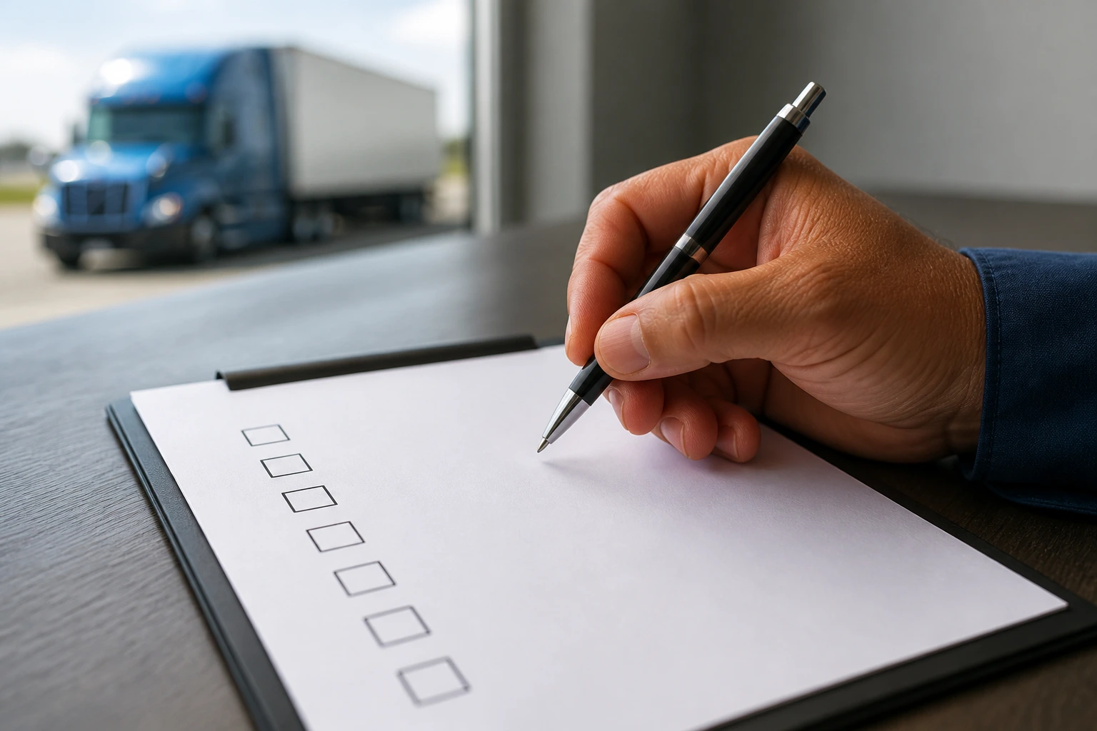 Close-up of a truck driver's hand with a pen over a blank checklist page showing checkboxes on a desk