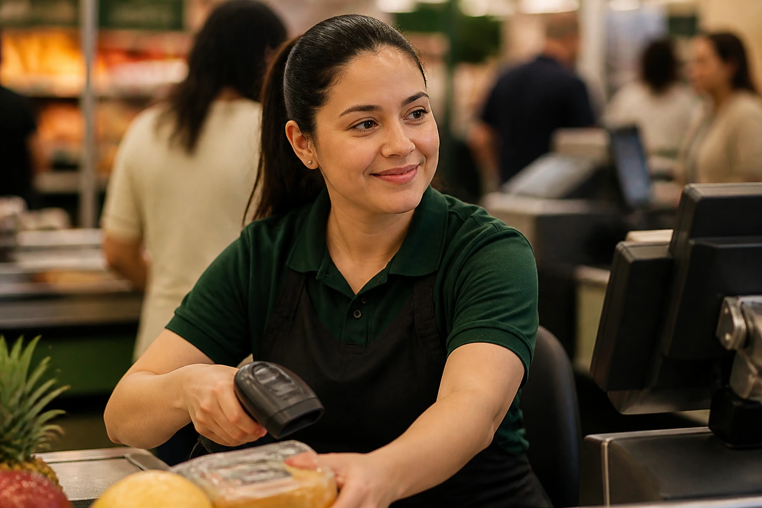 Close-up of a real supermarket cashier at a checkout, demonstrating front-end roles.