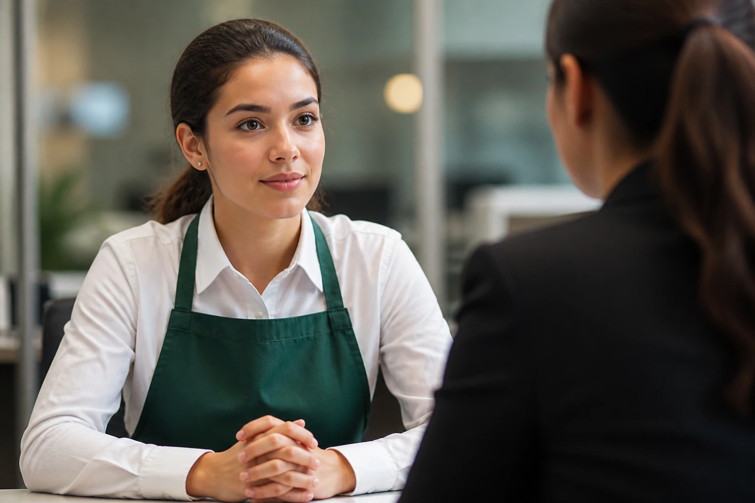 Portrait of a candidate during a checkout-counter interview