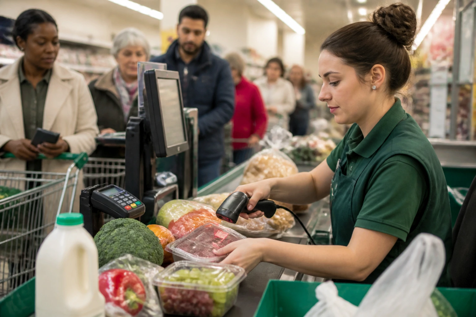 Portrait of a UK supermarket cashier at a busy checkout with customers in the queue