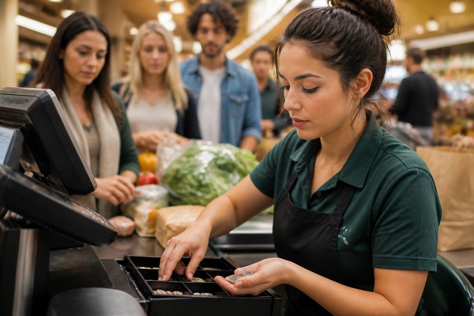 Hands of a cashier balancing a till with a busy queue in the background.