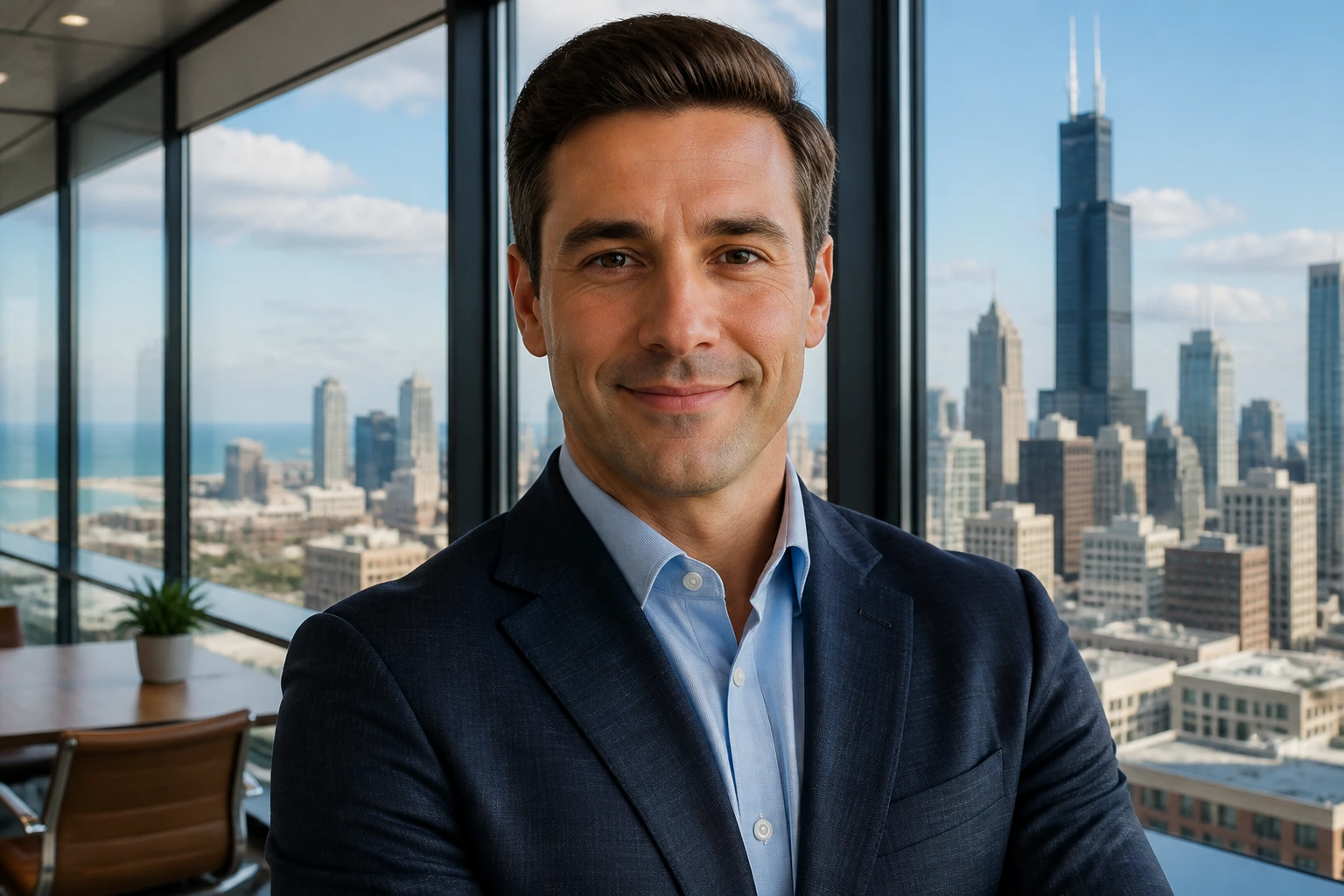 Mid-shot of a professional in a high-rise office with Chicago skyline backdrop.