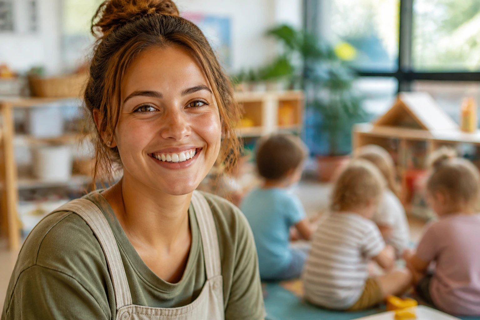 Close-up portrait of a childcare educator in a bright Australian classroom