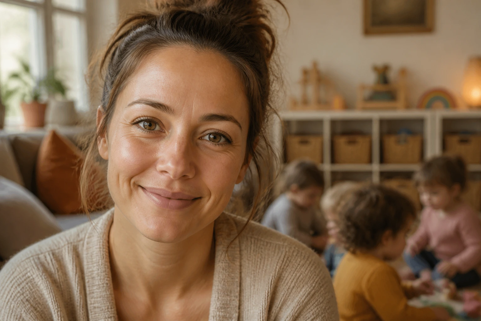 Close-up portrait of a real female childminder in a warm home setting.