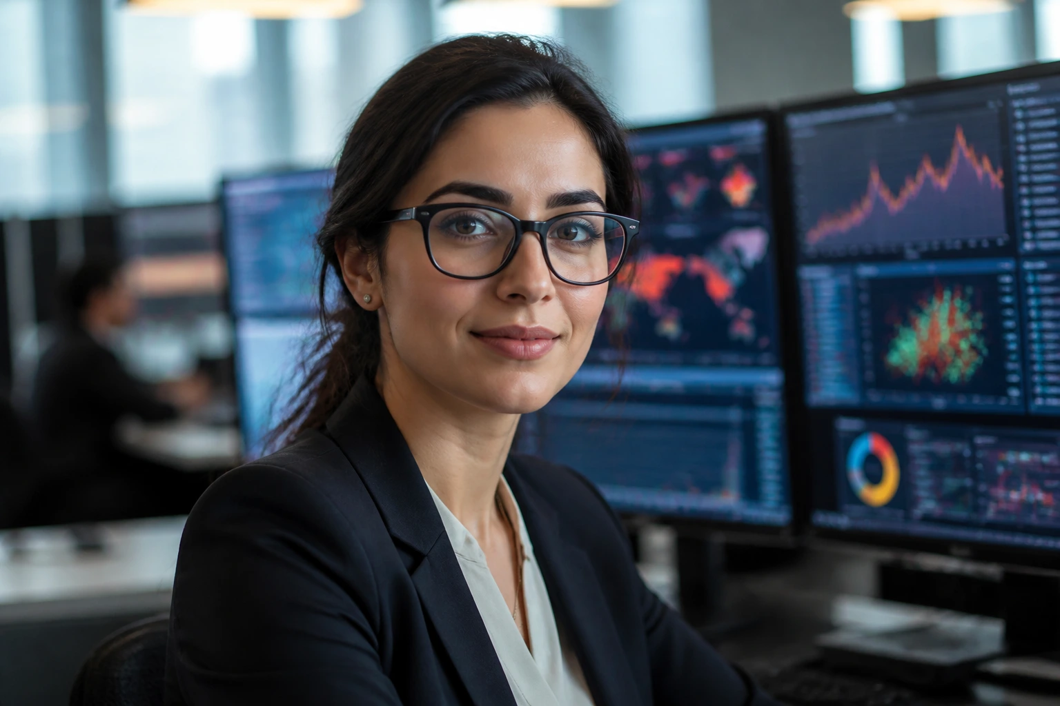 Close-up portrait of a CIBC software engineer in a data analytics center
