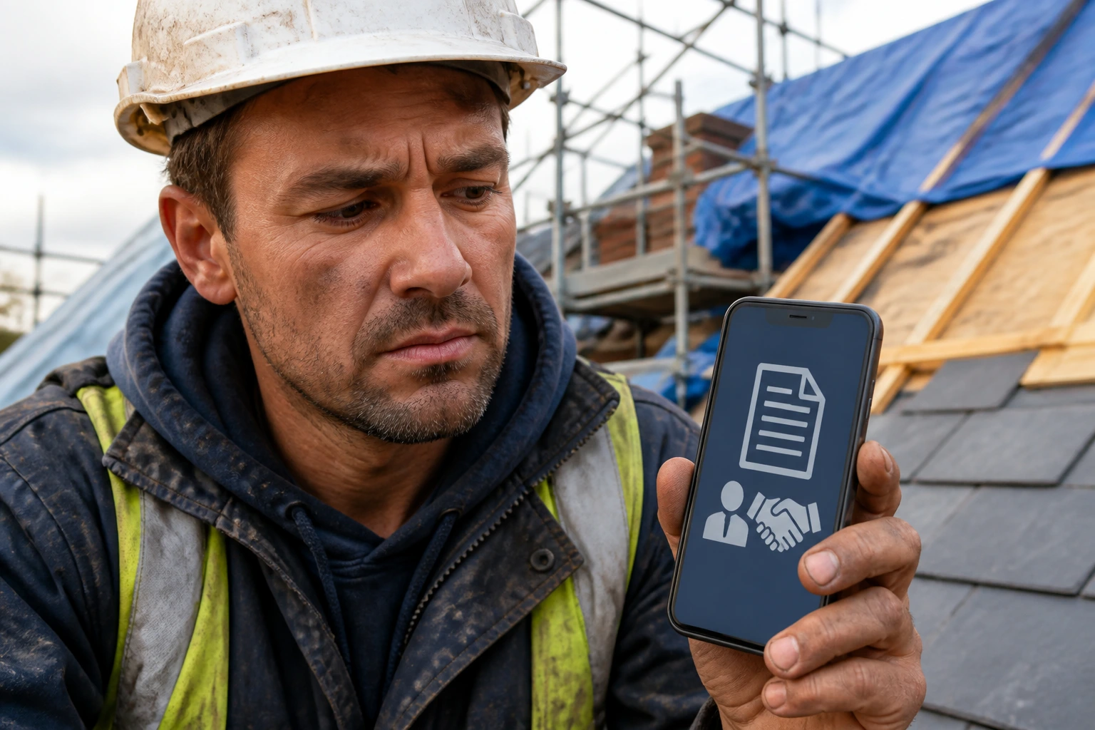 Roofer on a roof looking at a phone with abstract icons representing CIS vs sponsorship