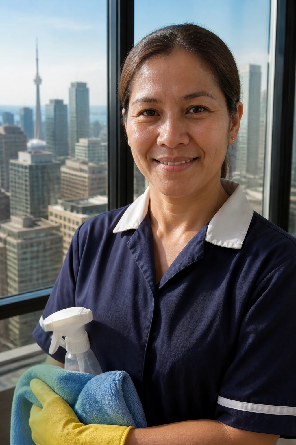 Cleaner in uniform with city skyline backdrop representing regional hiring