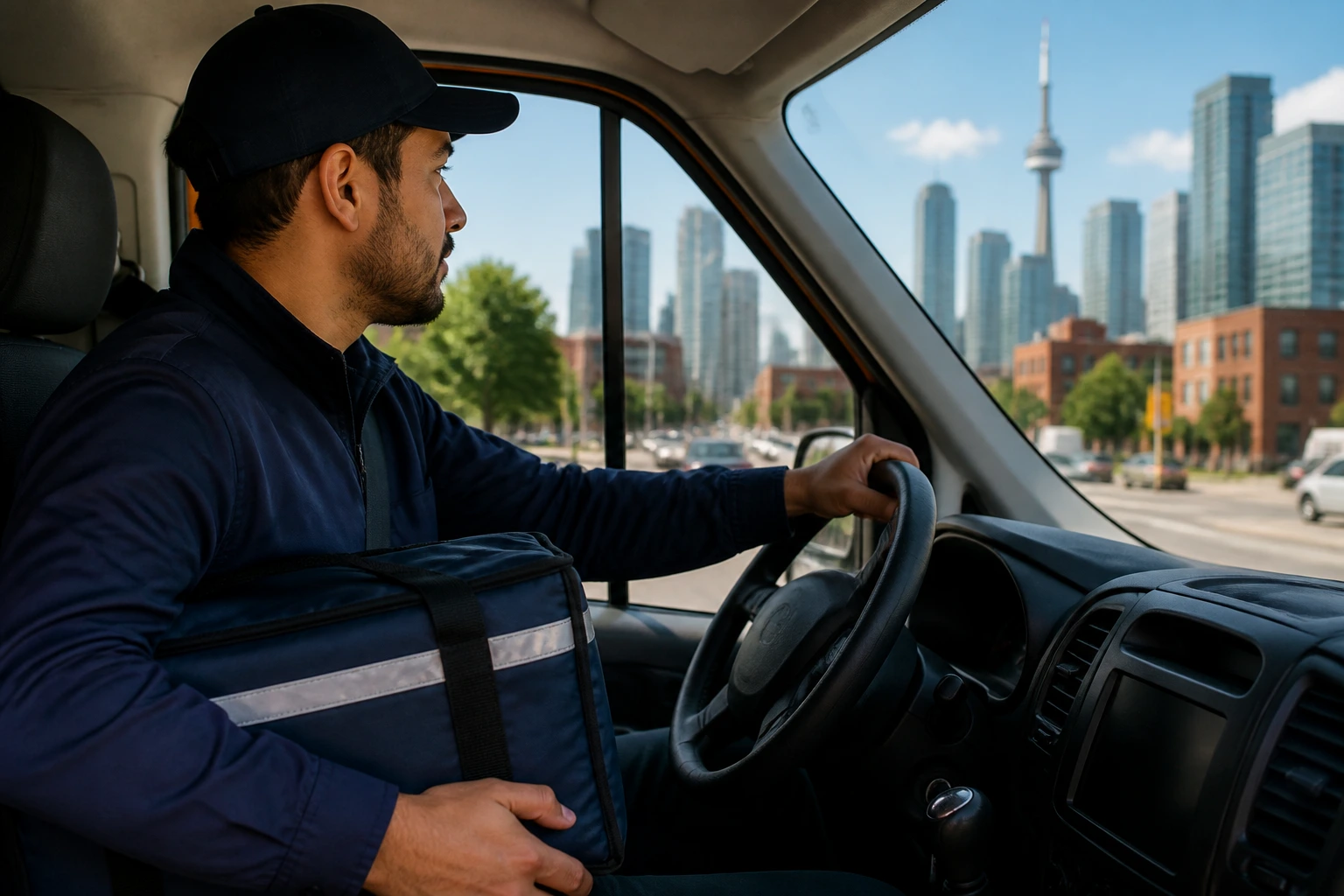 Delivery driver with city skyline in background