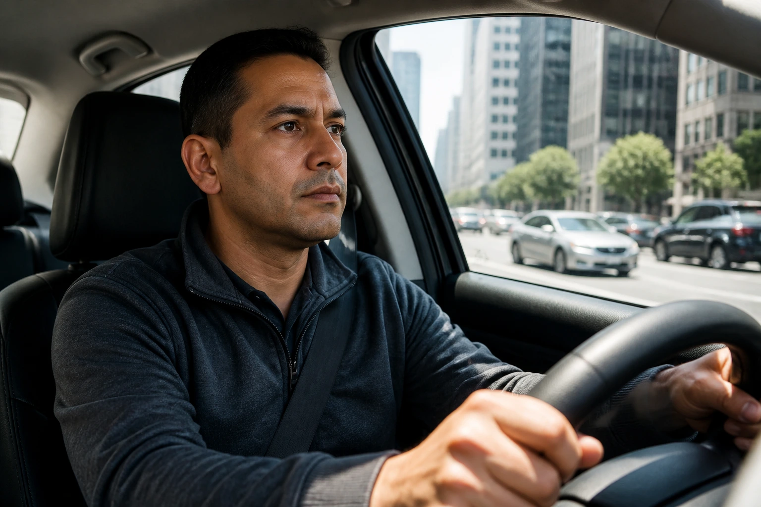 Driver inside car with city street backdrop and busy schedule implications
