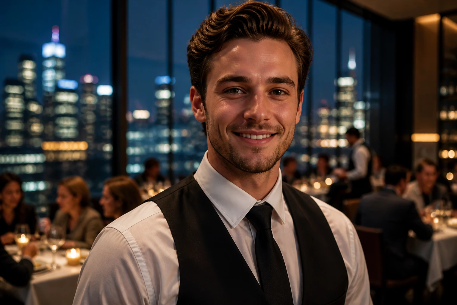 Portrait of a waiter in a modern city dining room