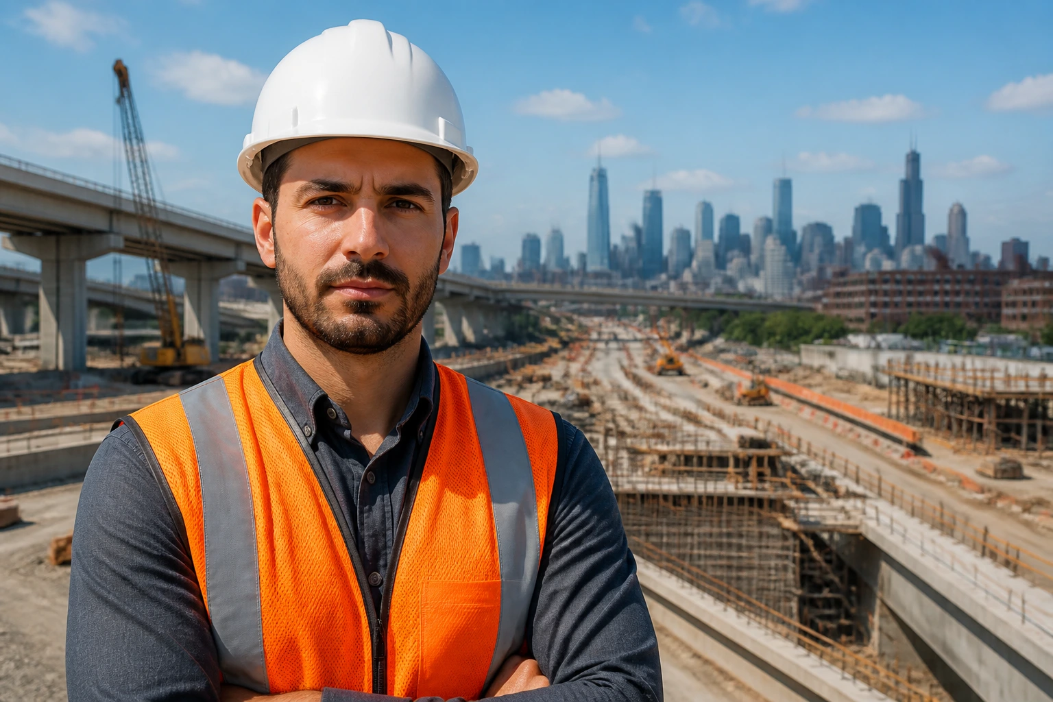 Portrait of a civil engineer on a construction site with city skyline, representing licensing and sponsorship context