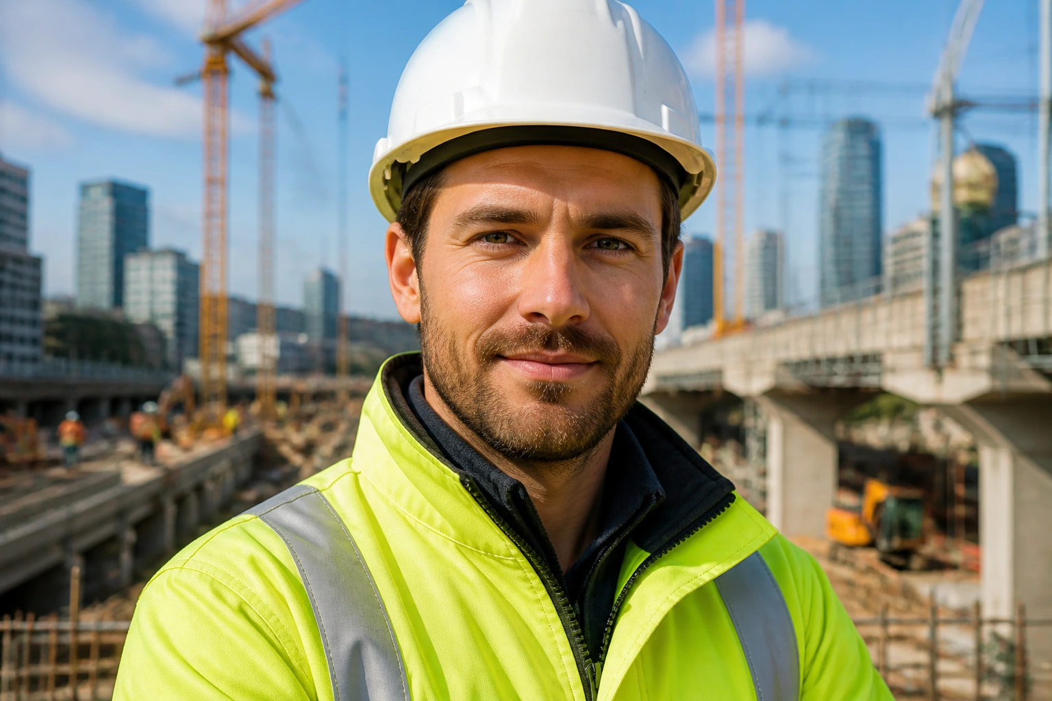 Civil engineer in safety gear on construction site with city backdrop