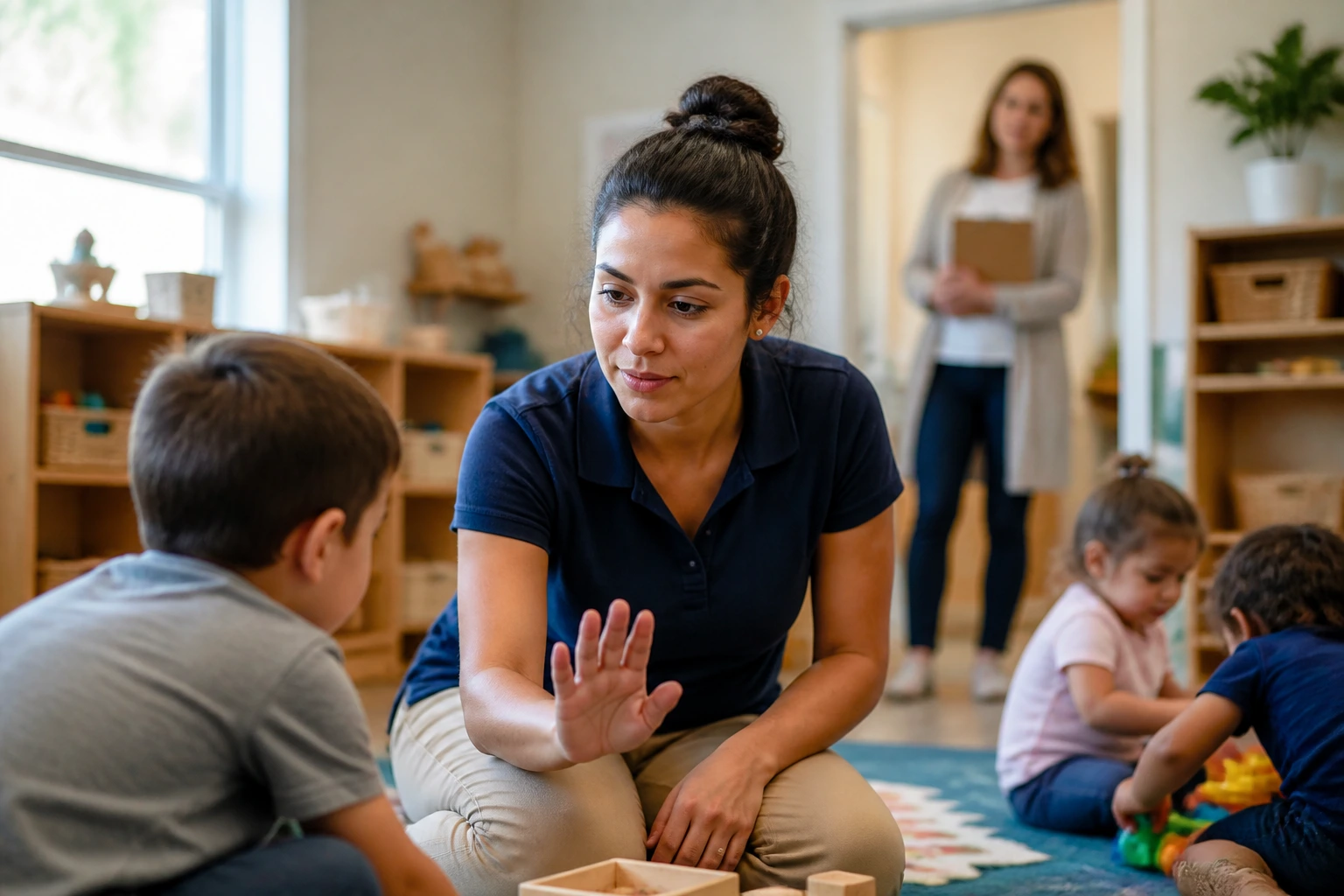 Daycare aide demonstrates classroom skills as director observes