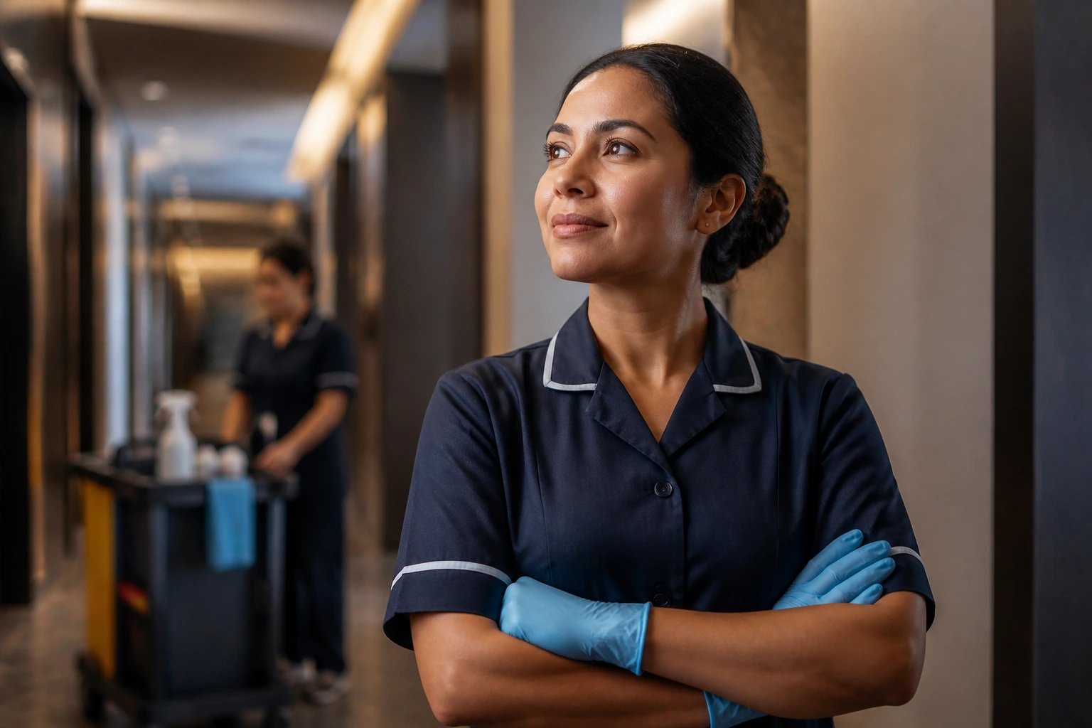Portrait of a cleaner in uniform in a building corridor representing career progression