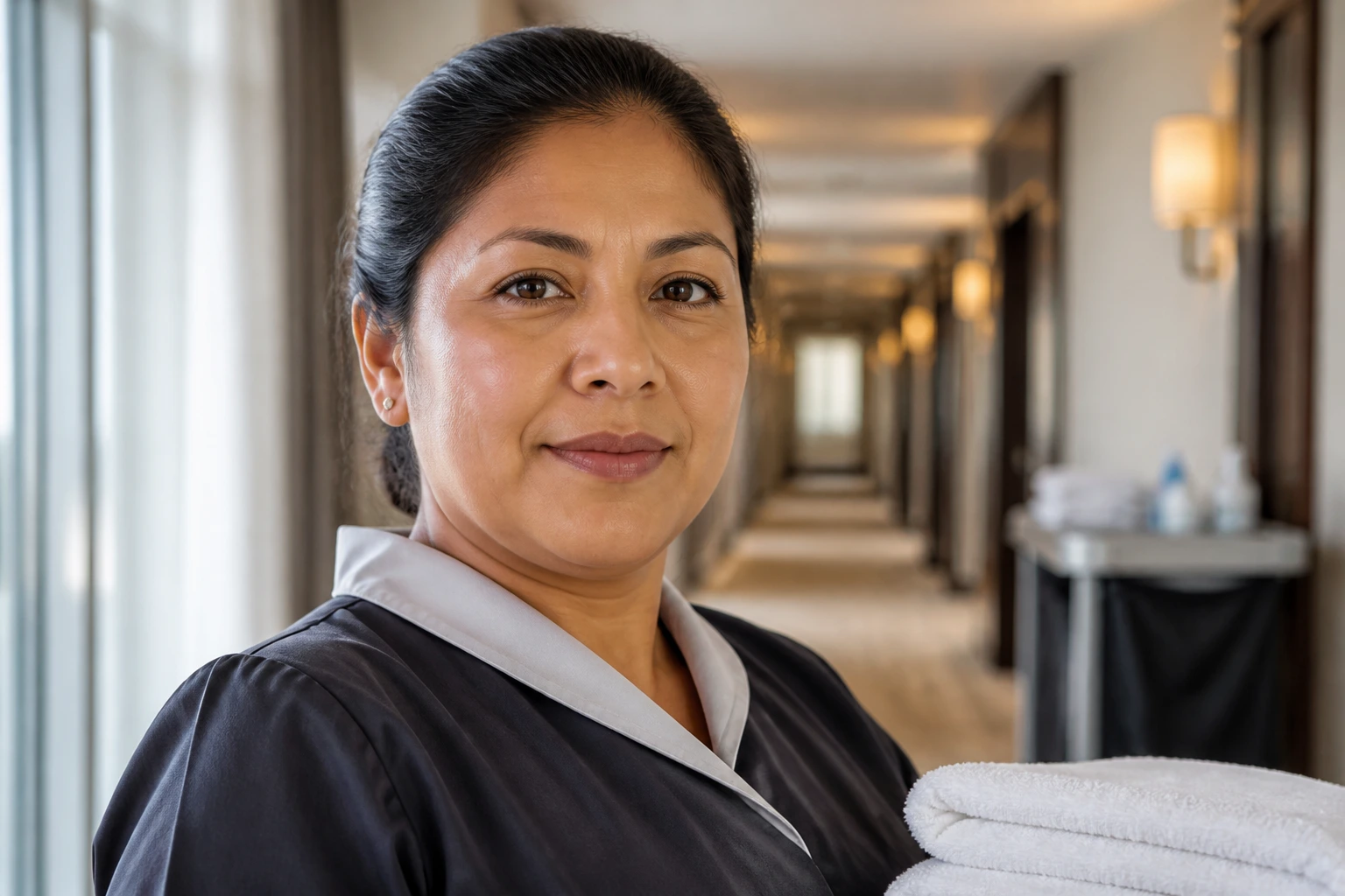 Close-up of a real cleaner in uniform in a hotel hallway, conveying reliability and focus