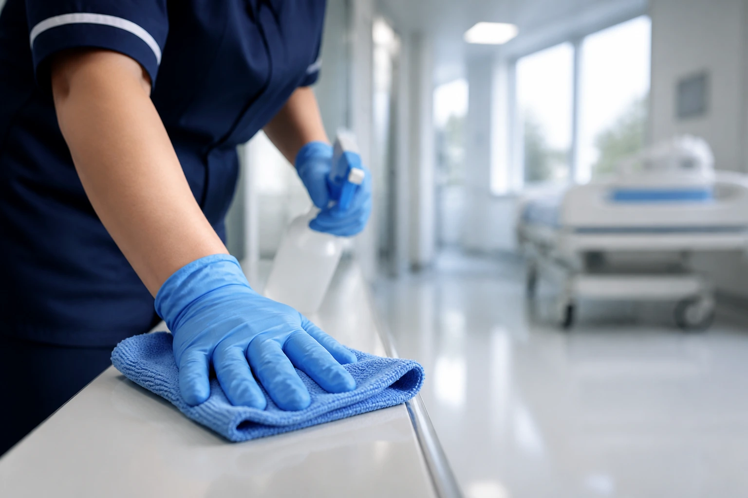 Close-up of a cleaner's gloved hands performing a task in a clinical setting