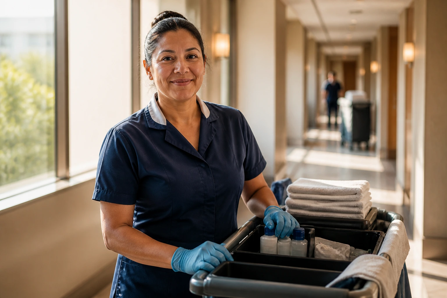 Close-up hotel housekeeper pushing cart in sunlit corridor; represents demand for cleaning work in Canada